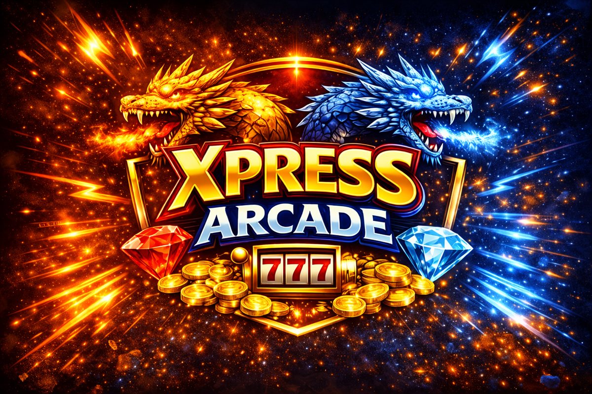 Xpress Arcade — twin dragons logo with lucky 7s, coins and gems